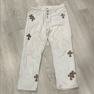Stylish White Jeans with Cross Embroidery